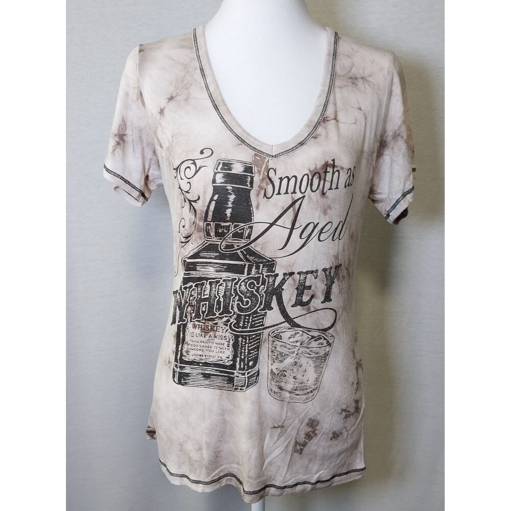 Liberty Wear Women's Smooth as Aged Whiskey Short Sleeve V-Neck Tee Taupe Medium